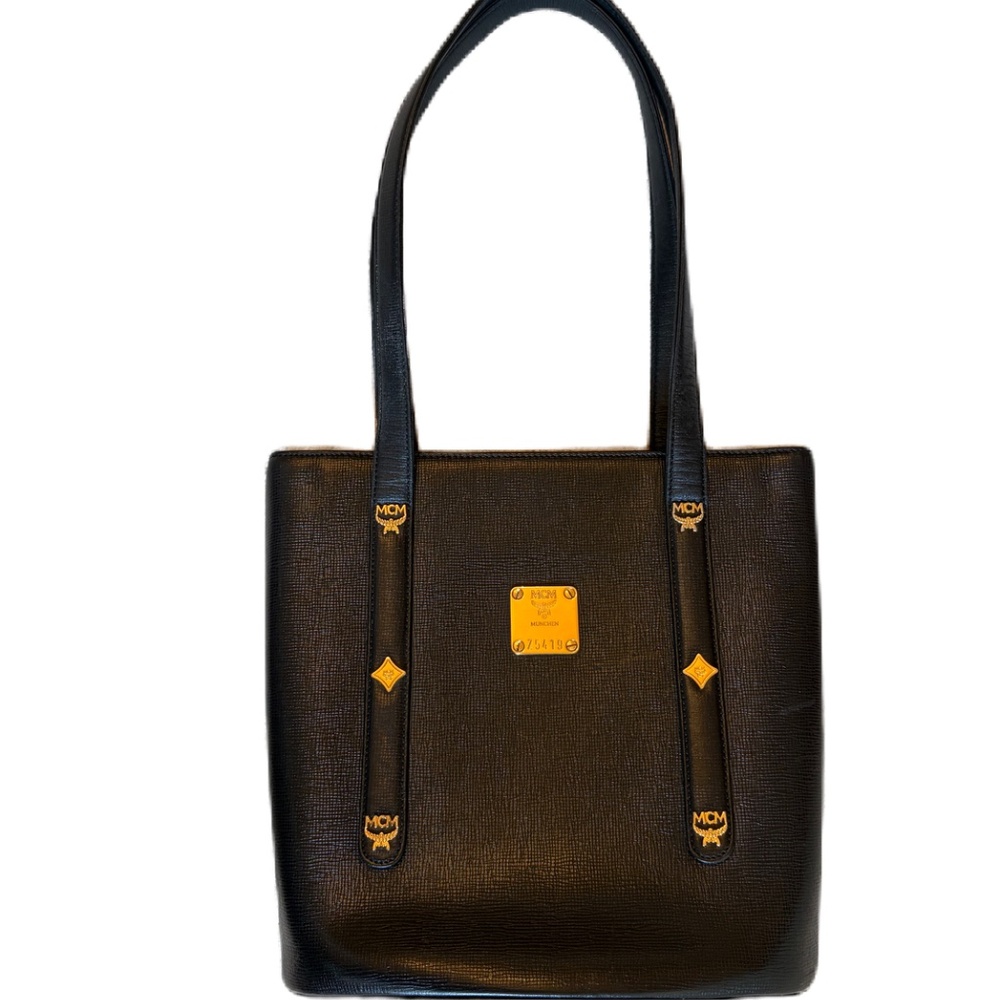MCM shoulder strap bucket tote bag black gold